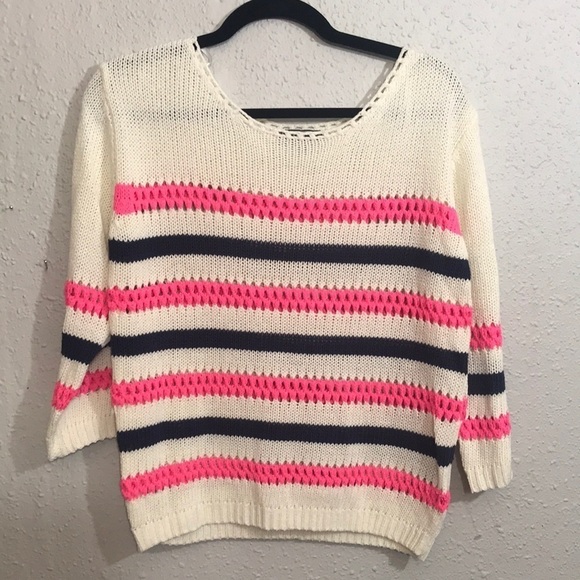 POL Crop Neon Pink & Navy Blue Stripe Sweater - Picture 1 of 10